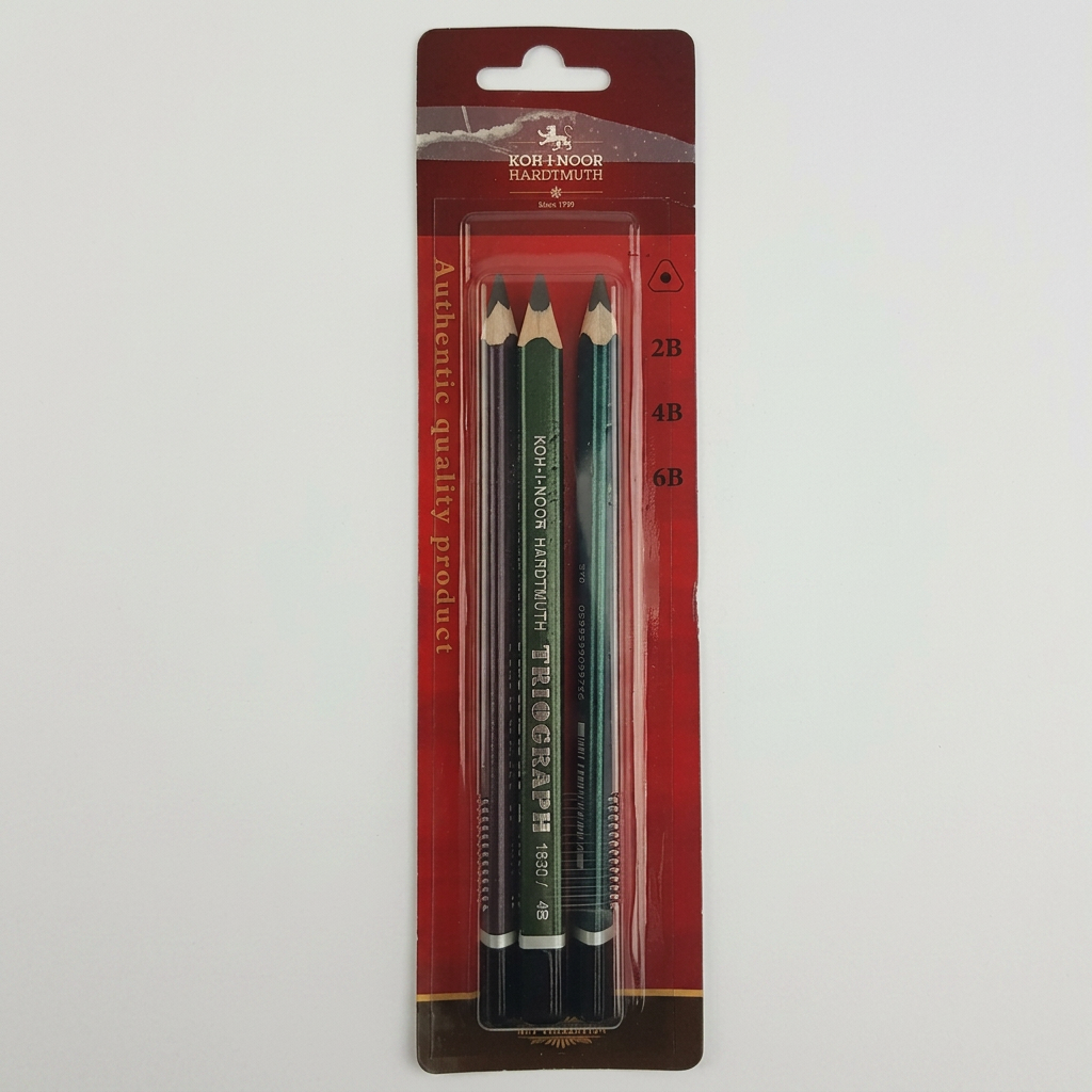 Koh-i-Noor set of 3 triangular graphite pencils flatlay with sketch