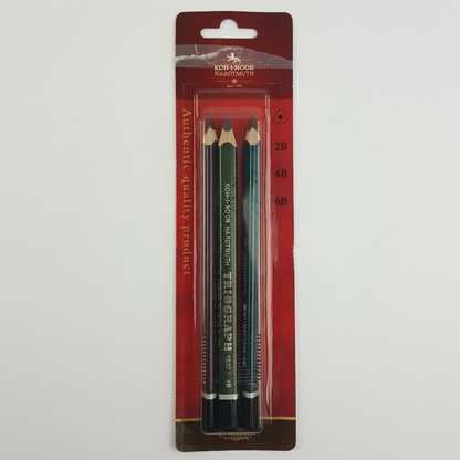 Koh-i-Noor set of 3 triangular graphite pencils flatlay with sketch
