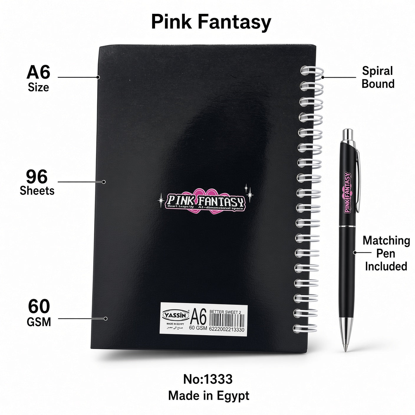 Yassin Pink Fantasy A6 Spiral Notebook with Matching Pen, 96 Sheets, 60 GSM – Stylish Compact Notebook for School, Work & Everyday Notes - No:1333