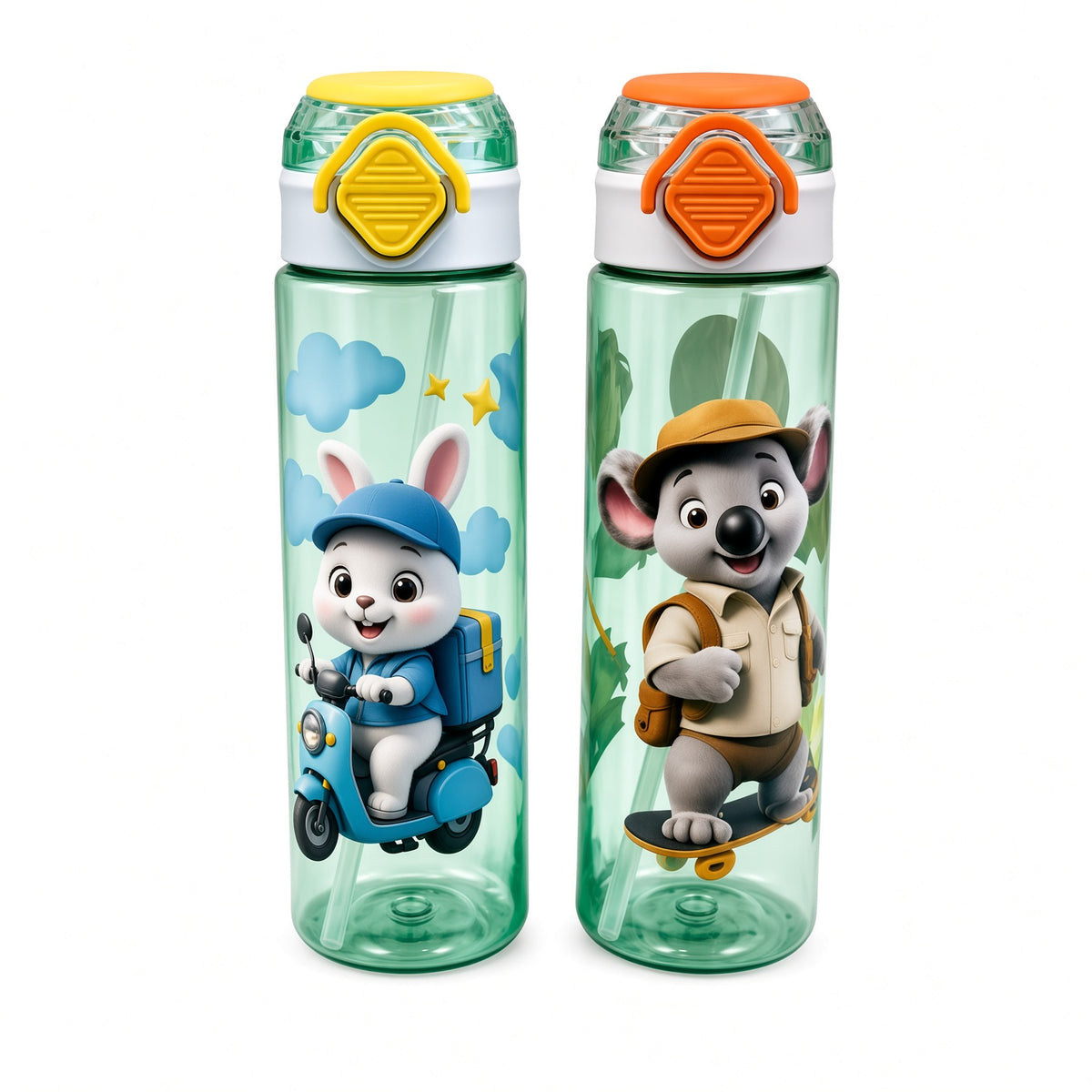 Kids Cartoon Water Bottle with Built-In Straw & One-Touch Flip Lid – 750ml - 1pcs - Assorted Color
