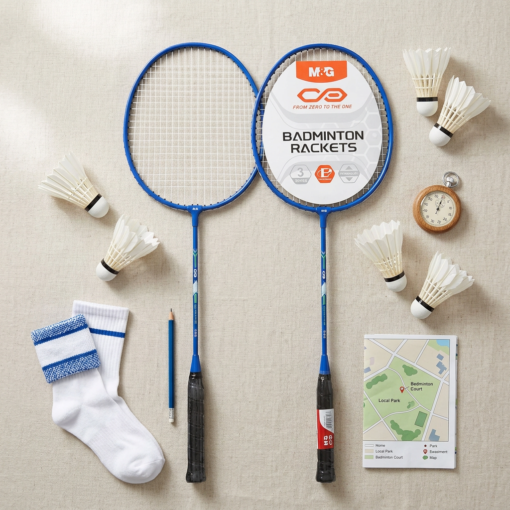 M&G M2 badminton set with 2 rackets and 3 shuttlecocks flatlay