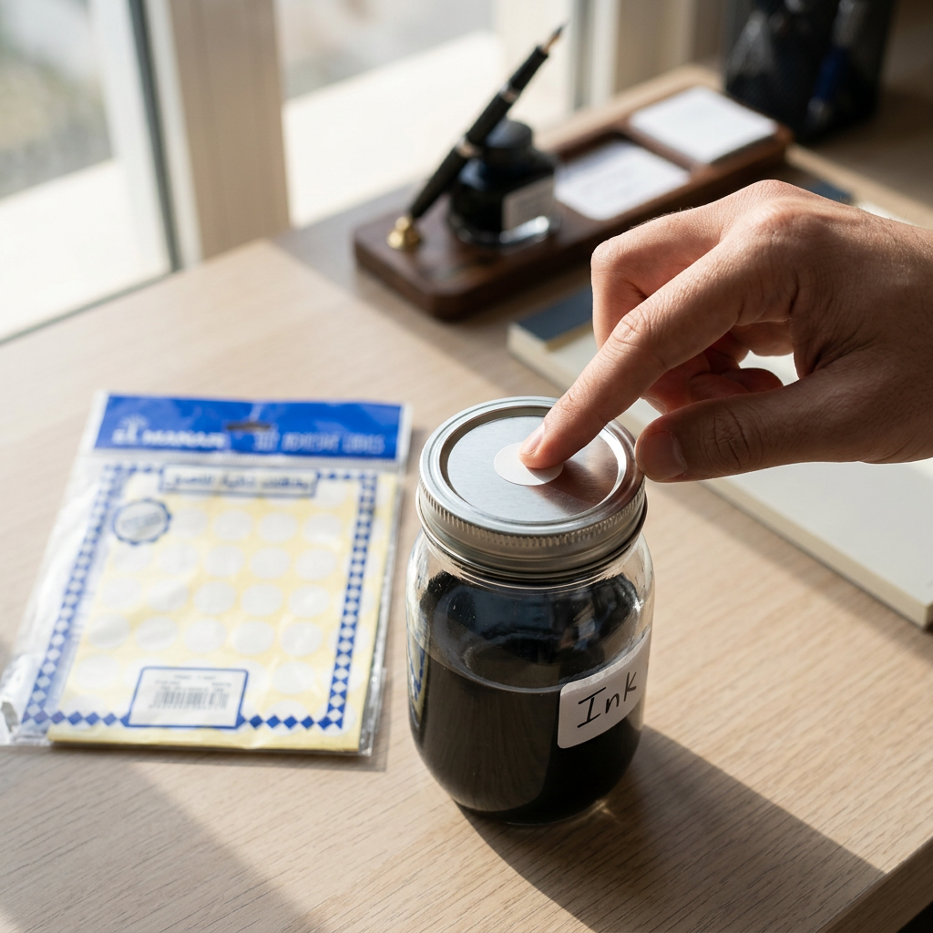 Marking a jar lid with a small white round El Manar self-adhesive label