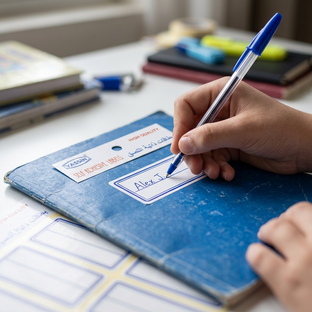Student writing a name on a Yassin white self-adhesive label on a notebook