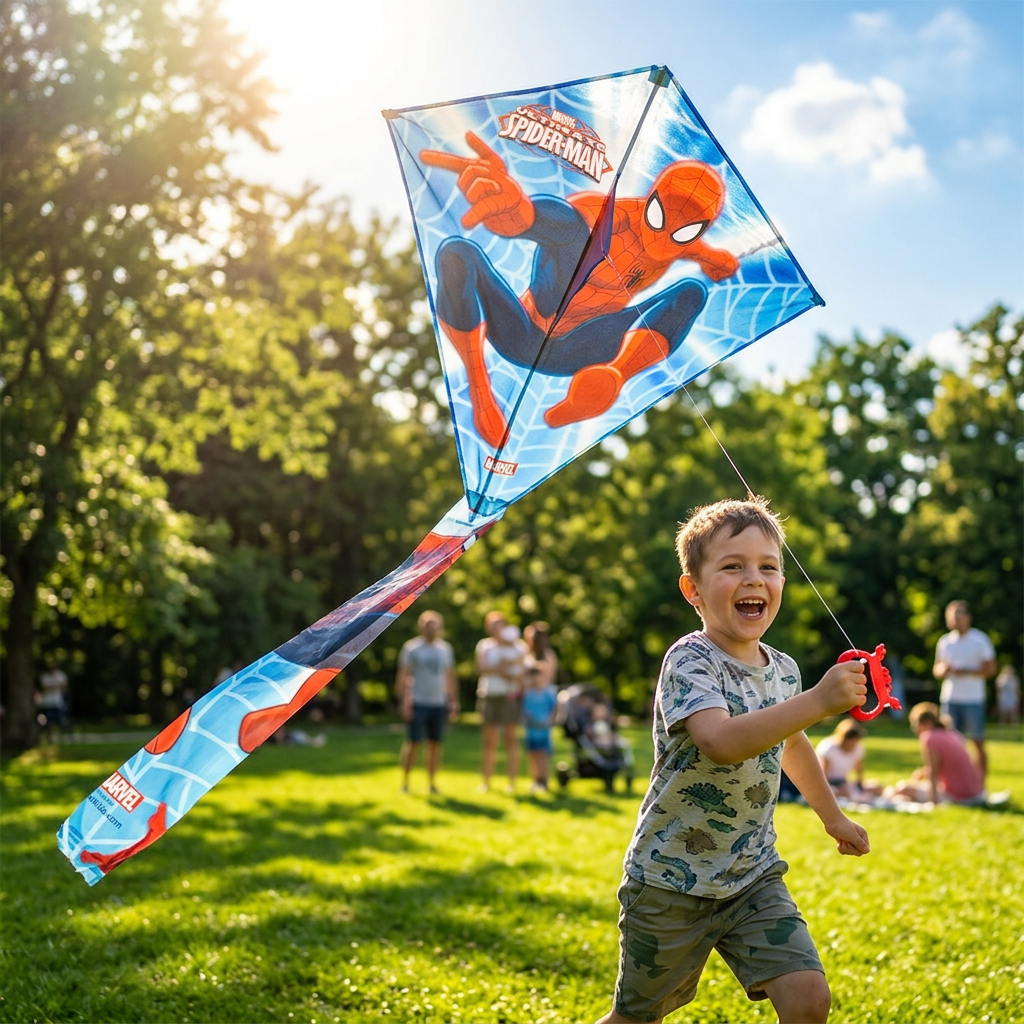 Child flying the Spiderman/Cars plastic kite in a blue sky