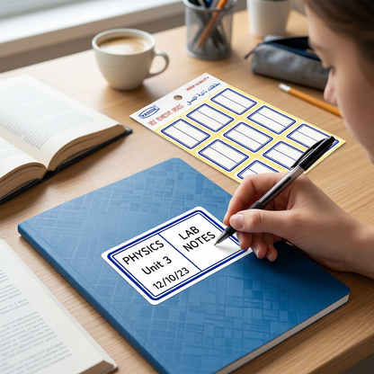 Writing a name on a Yassin white blue-bordered label on a notebook