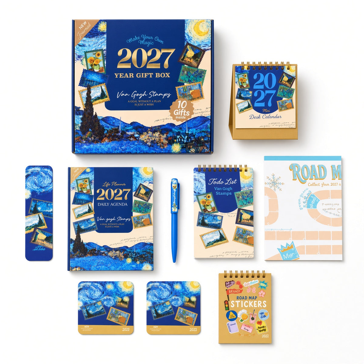 Mofakera Van Gogh Stamps Year Gift Box 2027 – Luxury A5 Daily Planner & 10-Piece Stationery Gift Set - Blue ( Agenda )
