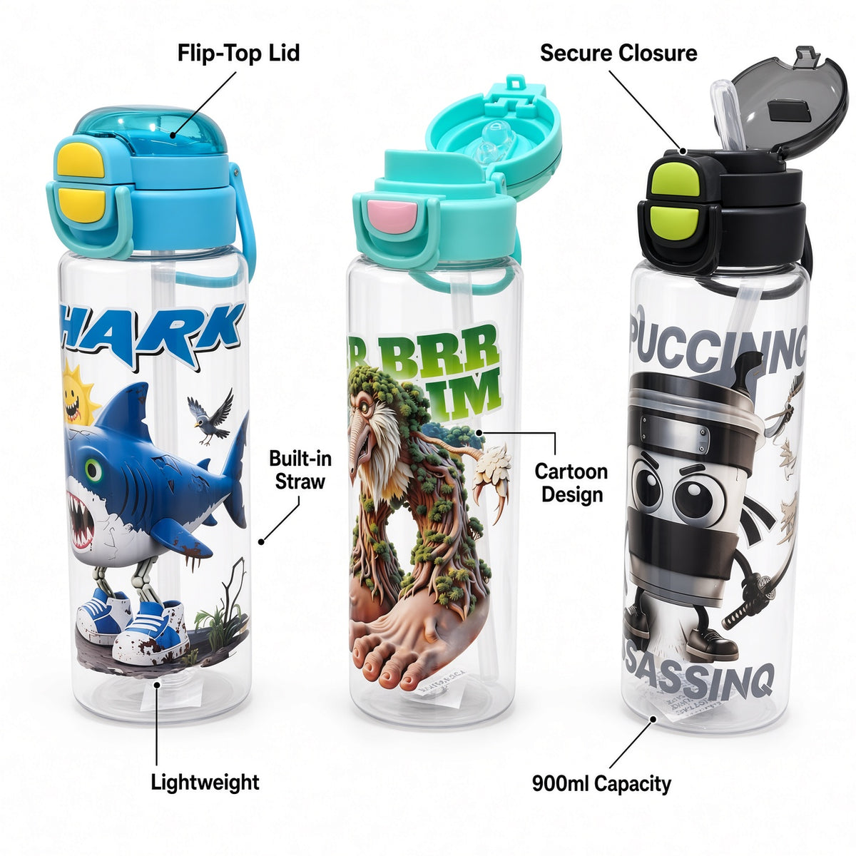 Kids Cartoon Water Bottle with Straw & Flip-Top Lid – 900ml - 1pcs - Assorted Color
