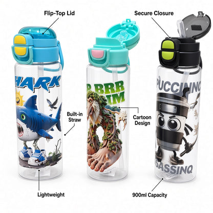 Kids Cartoon Water Bottle with Straw & Flip-Top Lid – 900ml - 1pcs - Assorted Color