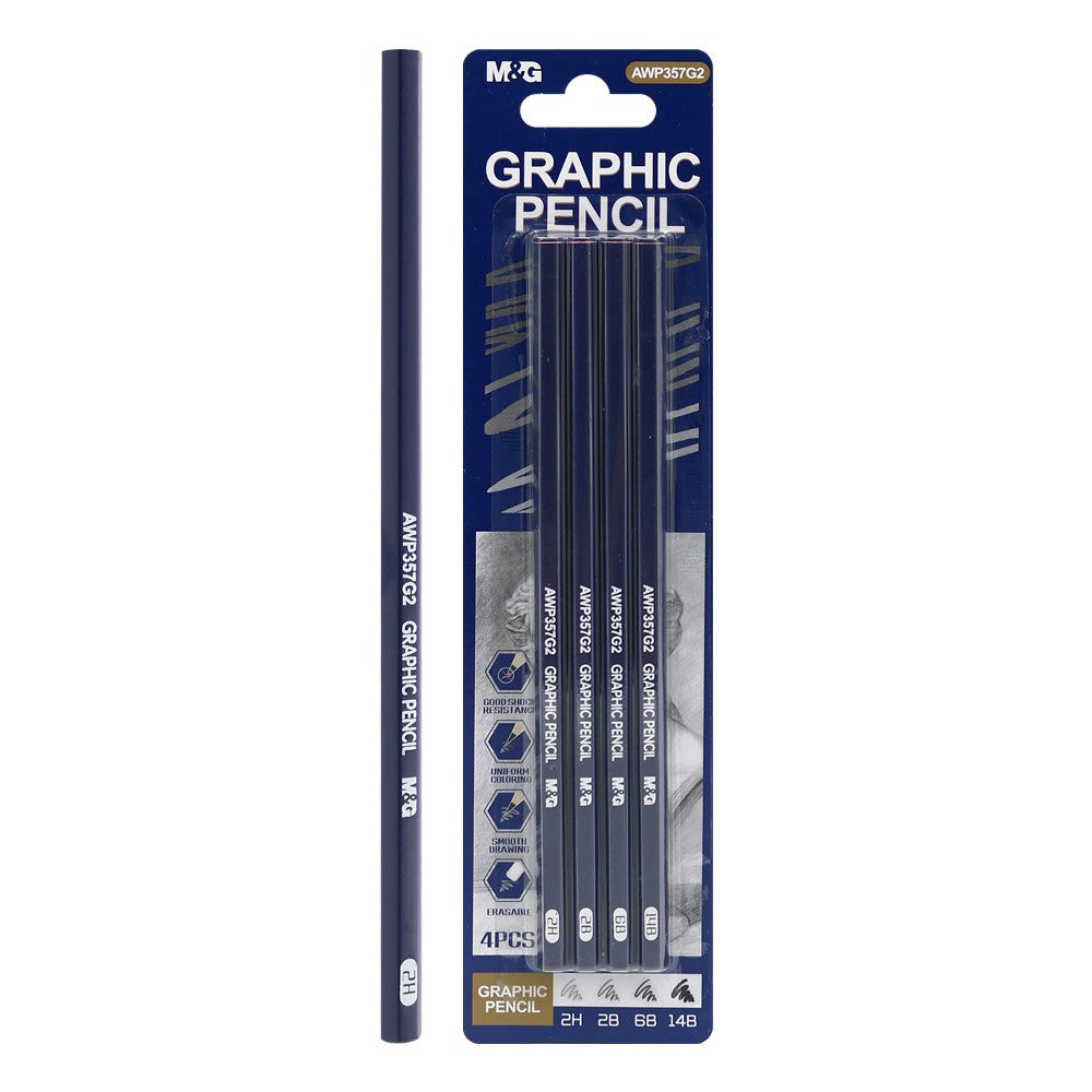 مجموعة أقلام رصاص من إم آند جي، 4 أقلام رصاص للرسم (2H-2B-6B-14B) رقم: AWP357G2