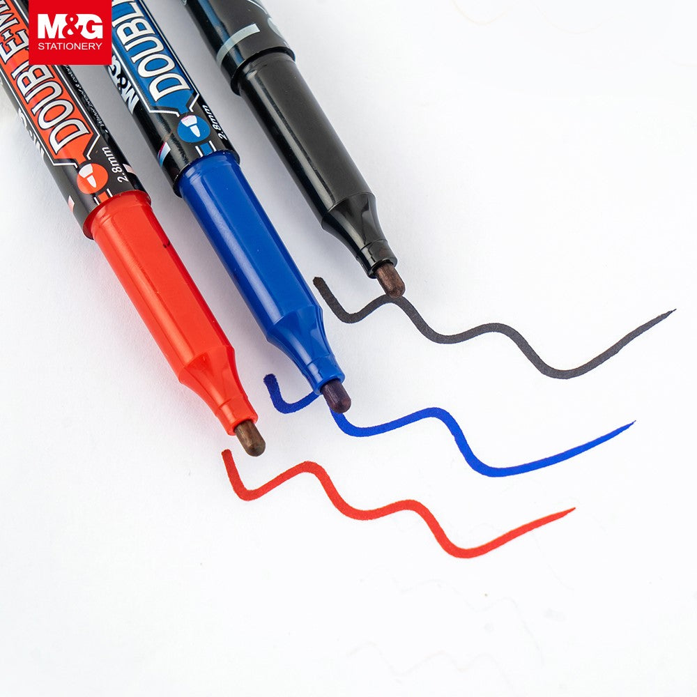 M&G Chenguang Permanent Student Twin Marker - Double Tip Broad and Extra Fine, Waterproof, Quick Drying - Red - No: APMV7471