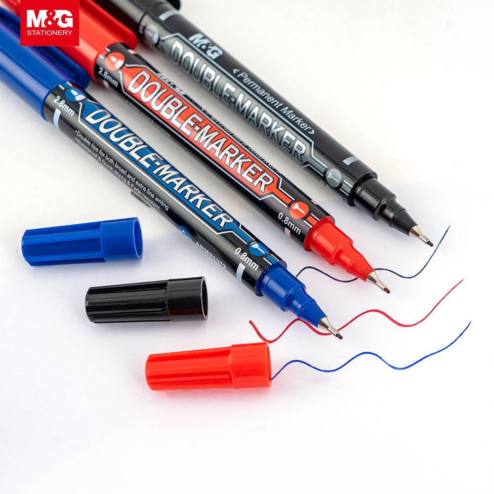 M&G Chenguang Permanent Student Twin Marker - Double Tip Broad and Extra Fine, Waterproof, Quick Drying - Red - No: APMV7471