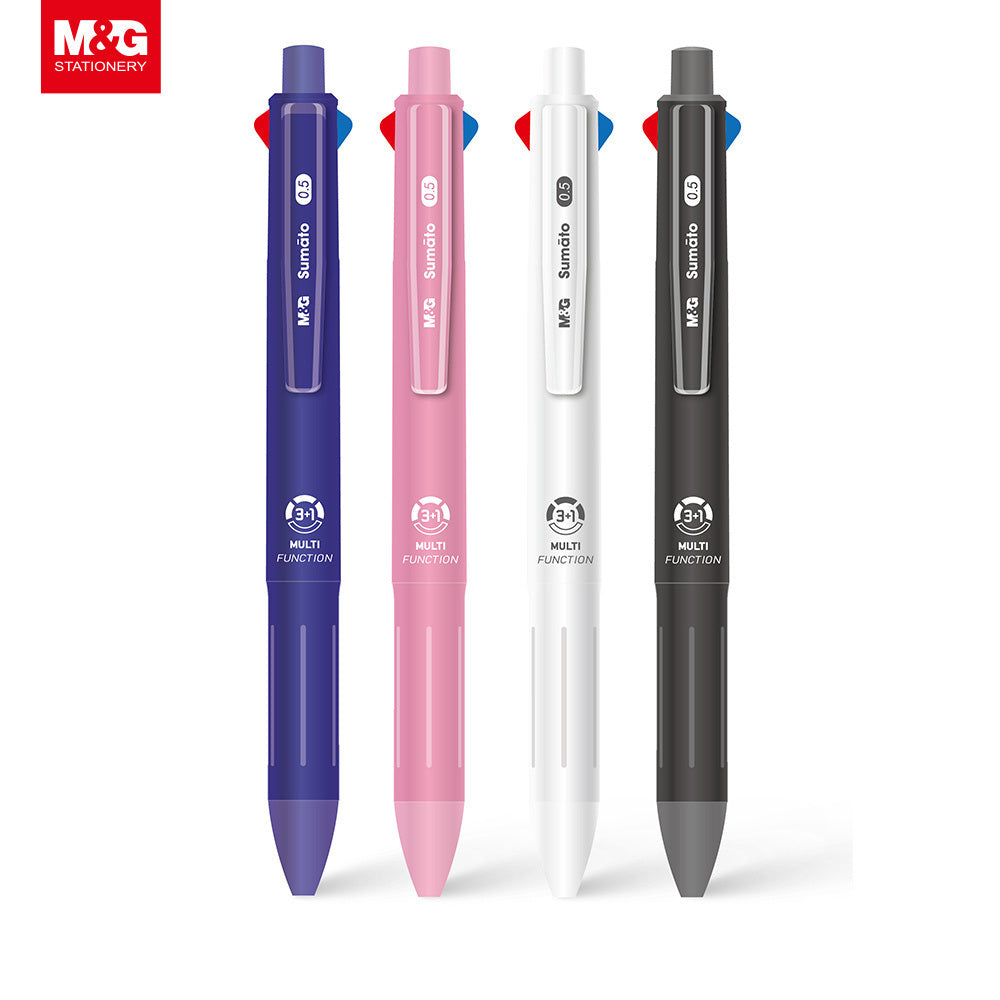 Four M&G stationery pens in blue, pink, white, and black on a white background.
