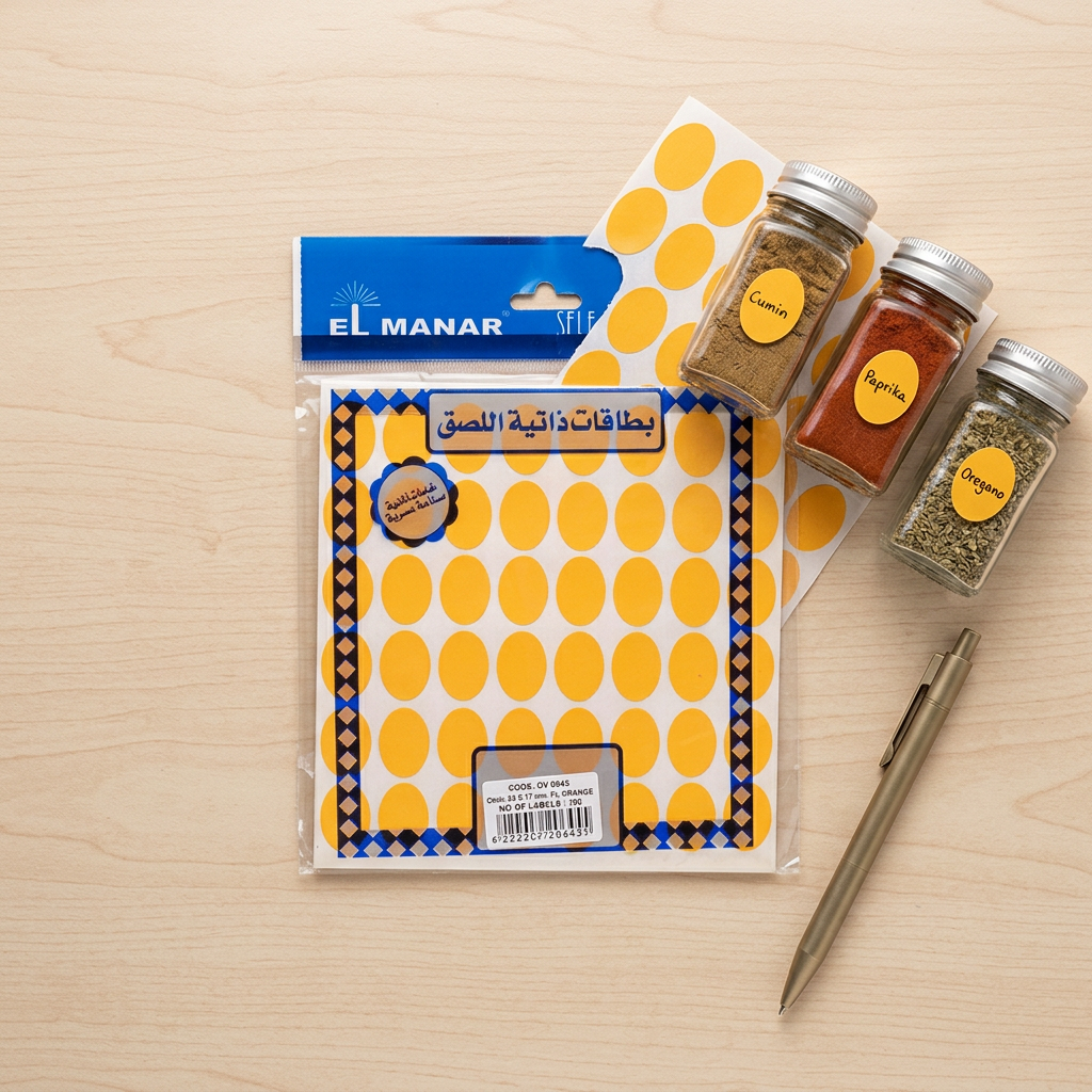 El Manar orange oval labels pack flatlay with labeled jars