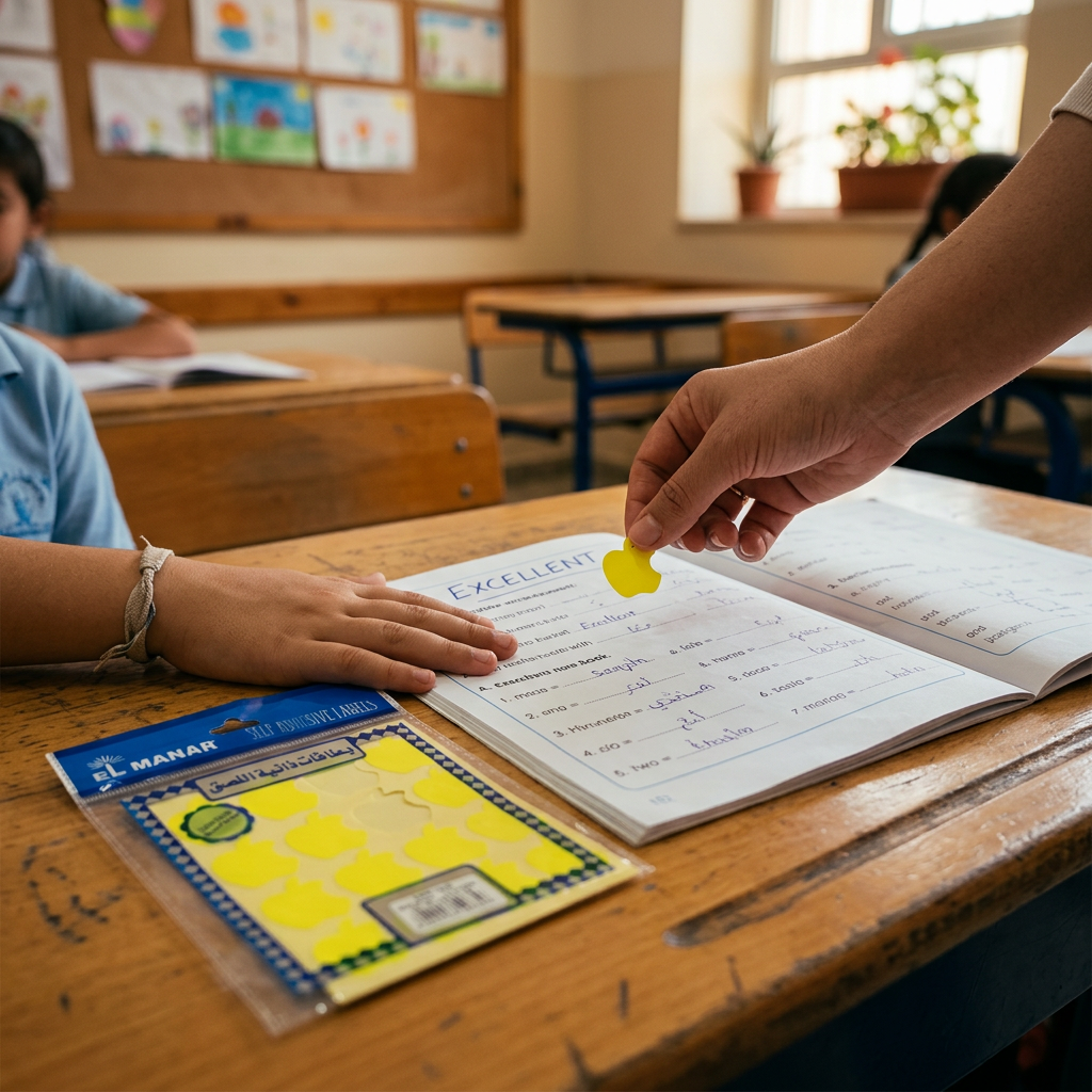 Teacher placing an El Manar yellow apple reward sticker on a worksheet
