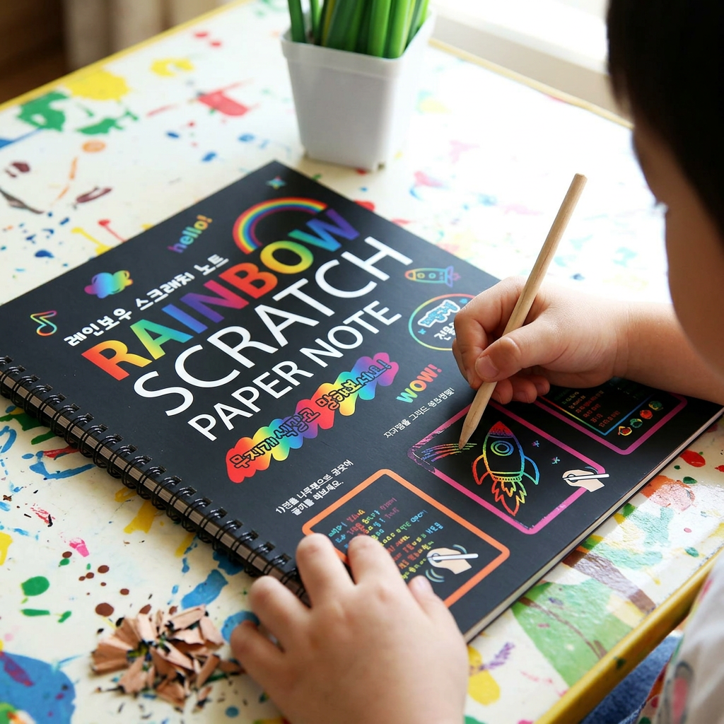 Child scratching a rainbow design into the magic scratch-art book