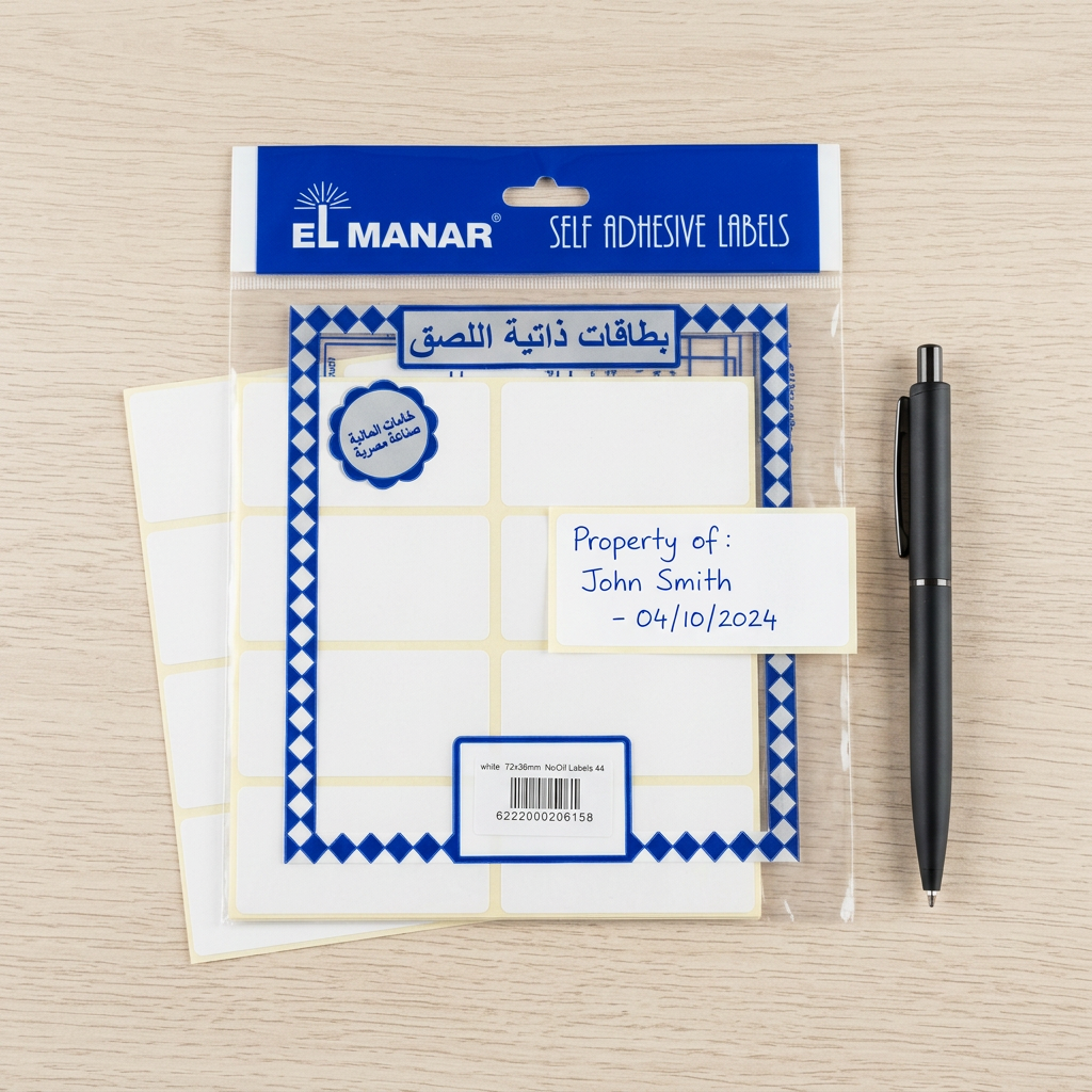 El Manar 72x36mm white labels pack flatlay with handwritten label and pen