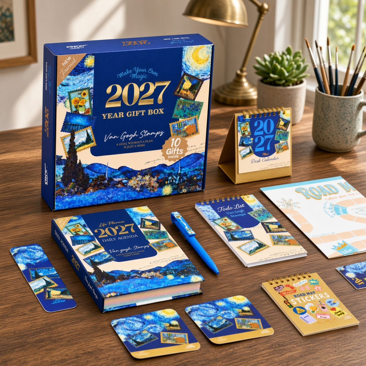 Mofakera Van Gogh Stamps Year Gift Box 2027 – Luxury A5 Daily Planner & 10-Piece Stationery Gift Set - Blue ( Agenda )