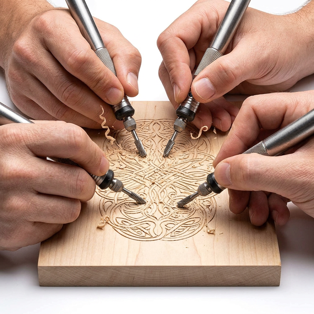 Wood carving and engraving rotary tool in use engraving a wooden plaque