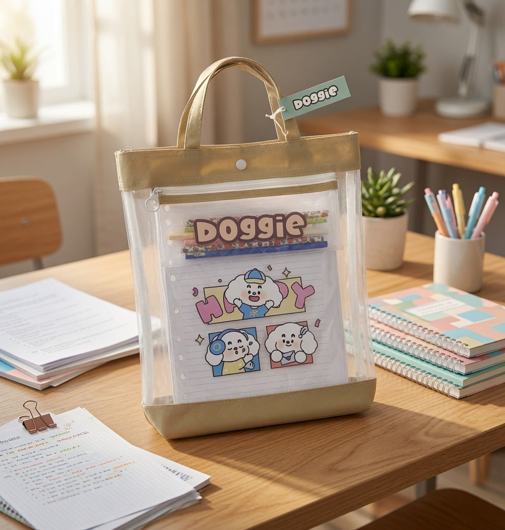 Doggie Transparent A4 Document Organizer Bag and Pencil Case with Handles  – Waterproof File Folder, Zipper & Snap Closure, School and Office Storage
