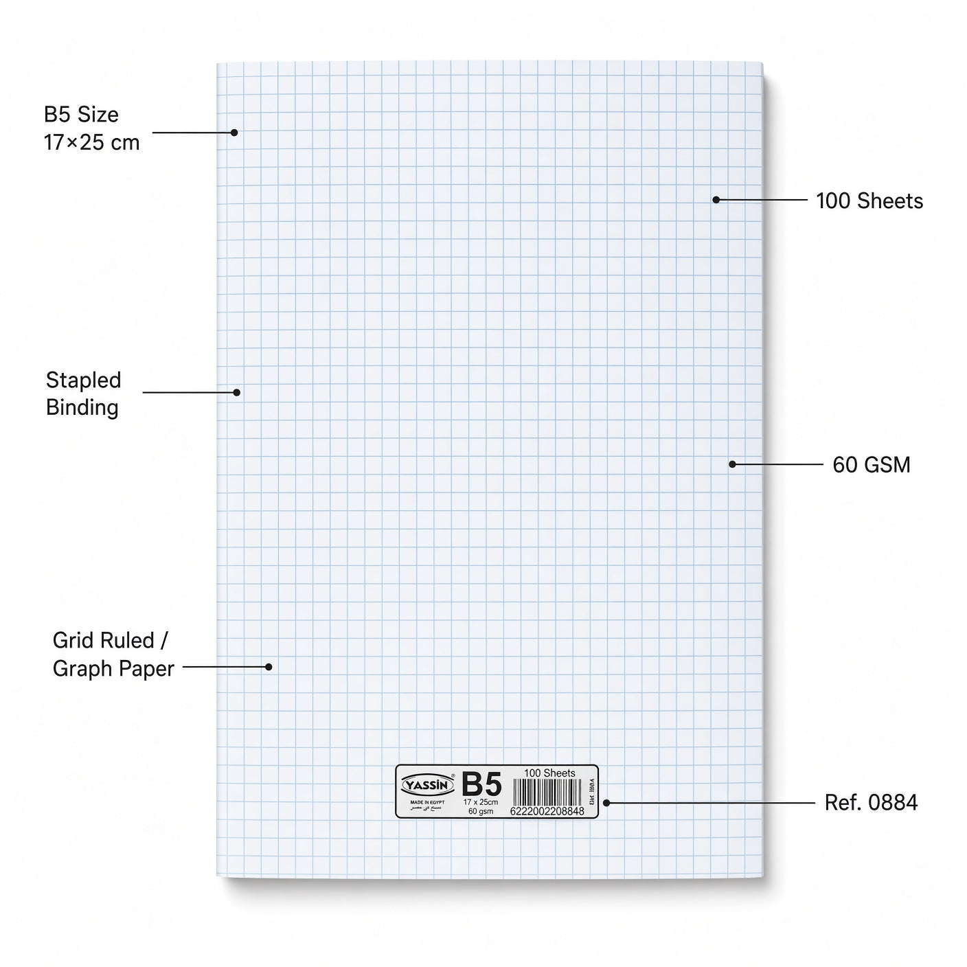 YASSIN Geometric Notebook B5 – 100 Sheets, Grid Ruled, Stapled Notebook, 17 × 25 cm, 60 GSM - No: 0884