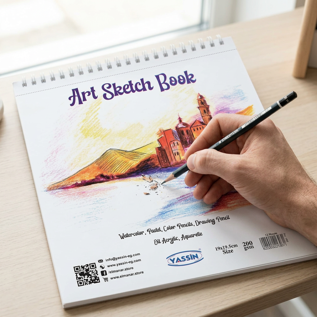 Hand sketching in the open Yassin small white wire-bound sketchbook