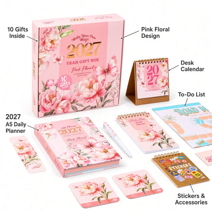 Mofakera Pinky Floral 2027 Year Gift Box – Luxury A5 Daily Planner & 10-Piece Stationery Gift Set - Pink ( Agenda )