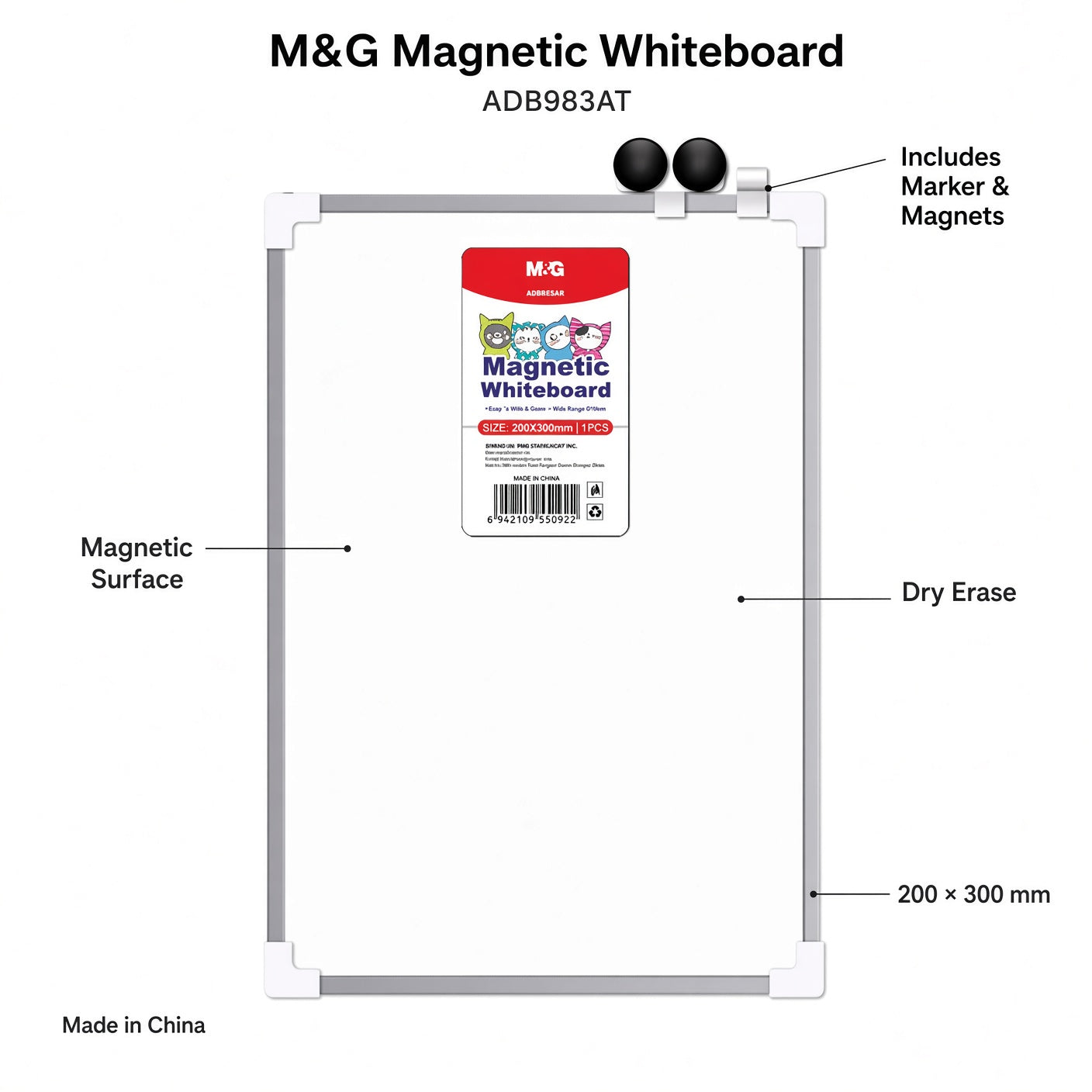 M&G Chenguang Magnetic Whiteboard 25 × 35 cm – Dry Erase Writing Board with Magnetic Surface, Marker & Eraser, Compact Whiteboard for School, Office & Home - No: ADB983AT