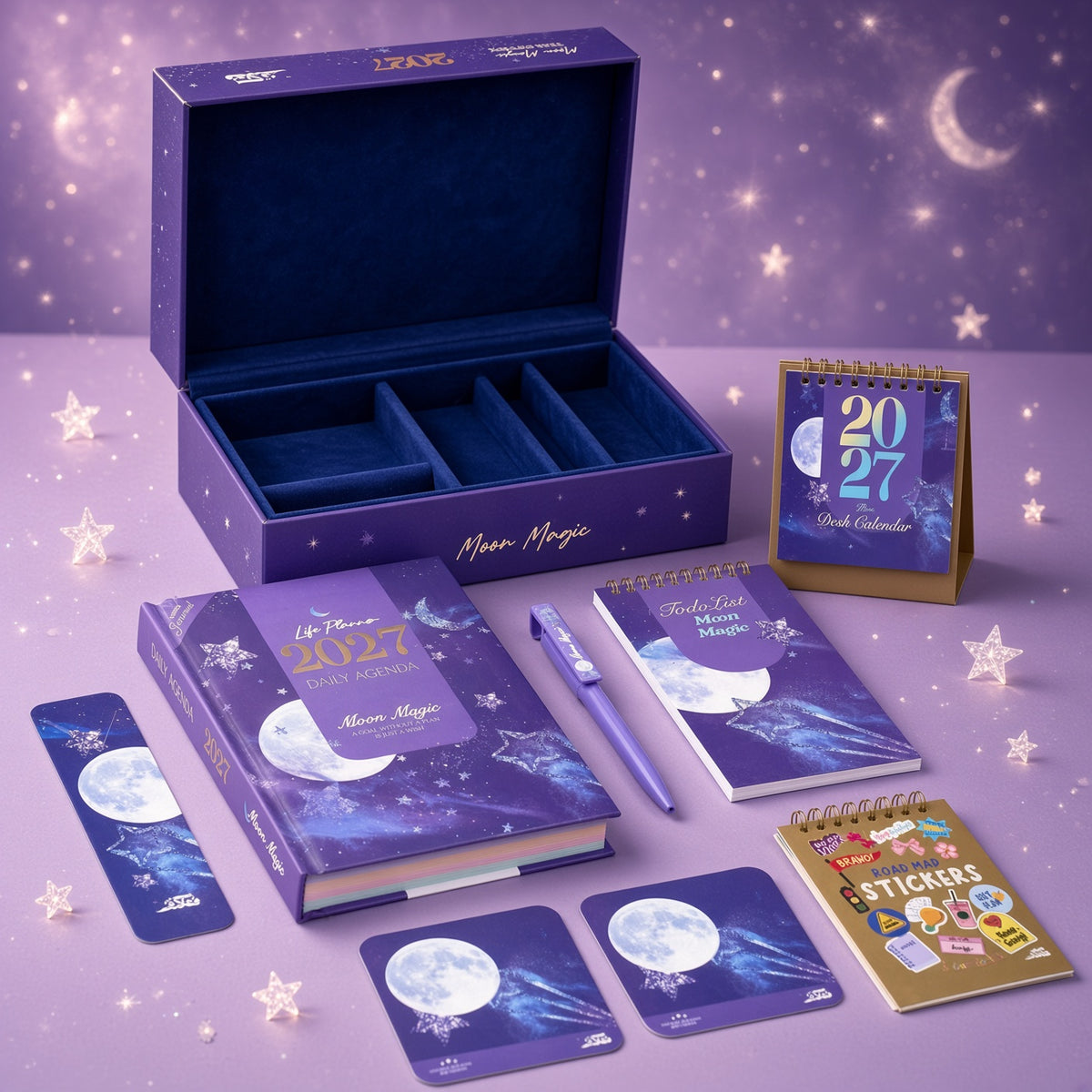 Mofakera Moon Magic 2027 Year Gift Box – Luxury A5 Daily Planner & 10-Piece Stationery Gift Set - Purple ( Agenda )