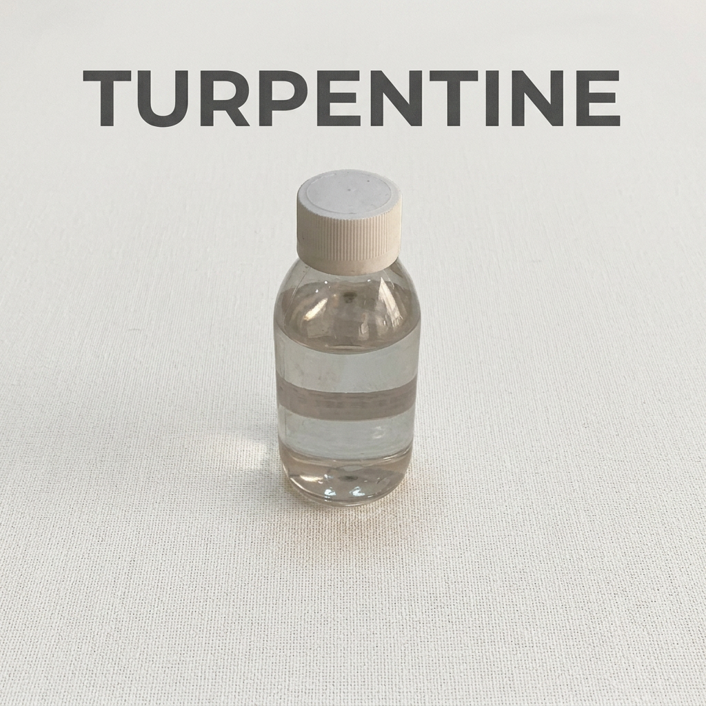 Bottle of transparent turpentine flatlay with oil paints and brushes