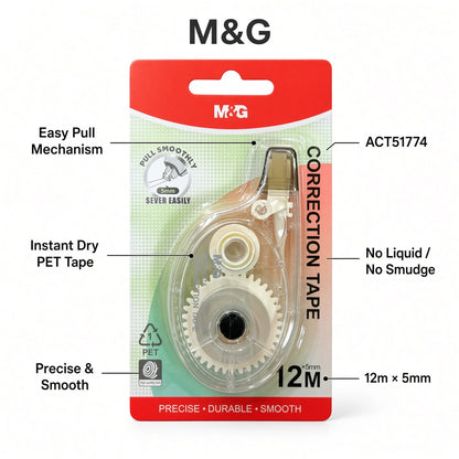 M&G Chenguang Correction Tape 12m x 5mm – PET Instant Dry Correction Tape, Smooth & Precise with Easy Pull Mechanism - 1pcs - No: ACT51774