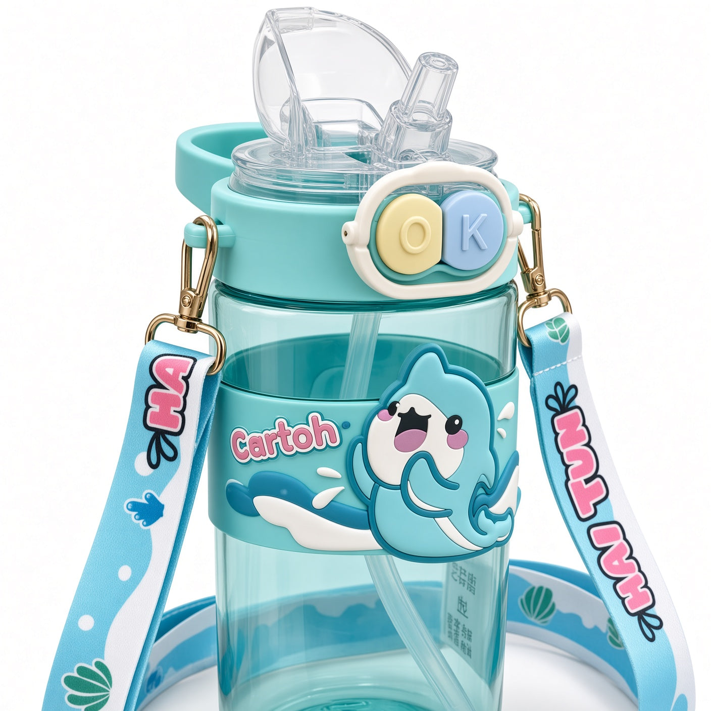 Cute Kids Cartoon Water Bottle with Straw & Carry Strap  2 in 1 Straw and Light Wide Capacity Cartoon Square Drinking Cup with Binoculars for Students - Double Cup Leak Proof Safe Lid – 520ml - 1pcs