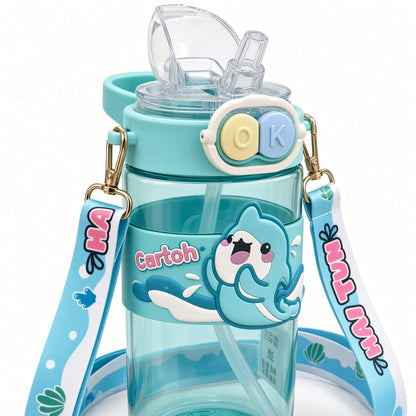 Cute Kids Cartoon Water Bottle with Straw & Carry Strap  2 in 1 Straw and Light Wide Capacity Cartoon Square Drinking Cup with Binoculars for Students - Double Cup Leak Proof Safe Lid – 520ml - 1pcs