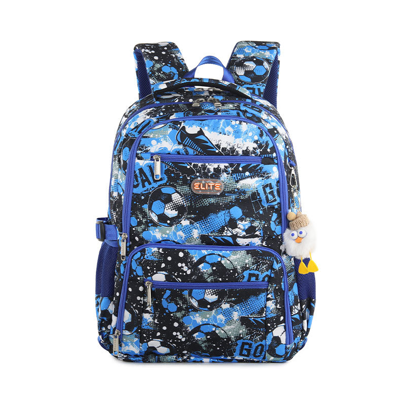Elite Casual Backpack Big Capacity Backpack fit 15.6 inch Laptop size 19 inch With plush keychain - blue and black soccer-themed design.