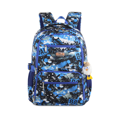 Elite Casual Backpack Big Capacity Backpack fit 15.6 inch Laptop size 19 inch With plush keychain - blue and black soccer-themed design.