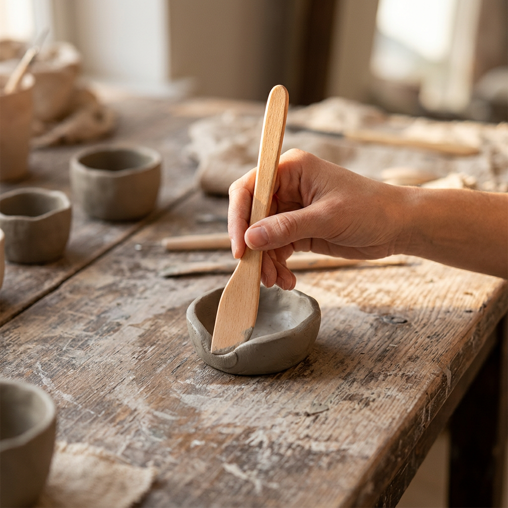 Wooden clay smoothing tool in use working a piece of clay