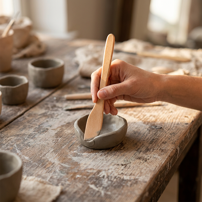 Wooden clay smoothing tool in use working a piece of clay