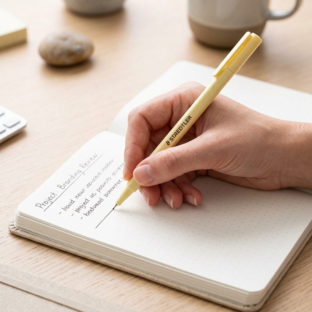 Hand writing notes with the Staedtler Triplus vanilla fineliner
