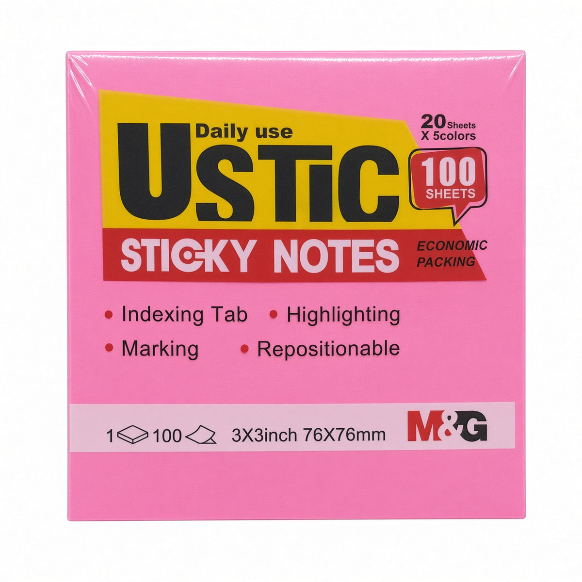M&G Chenguang USTIC Sticky Notes 3 × 3 Inch (76 × 76 mm) – 100 Sheets, 5 Assorted Colors – Repositionable Memo Notes - No: YS-479