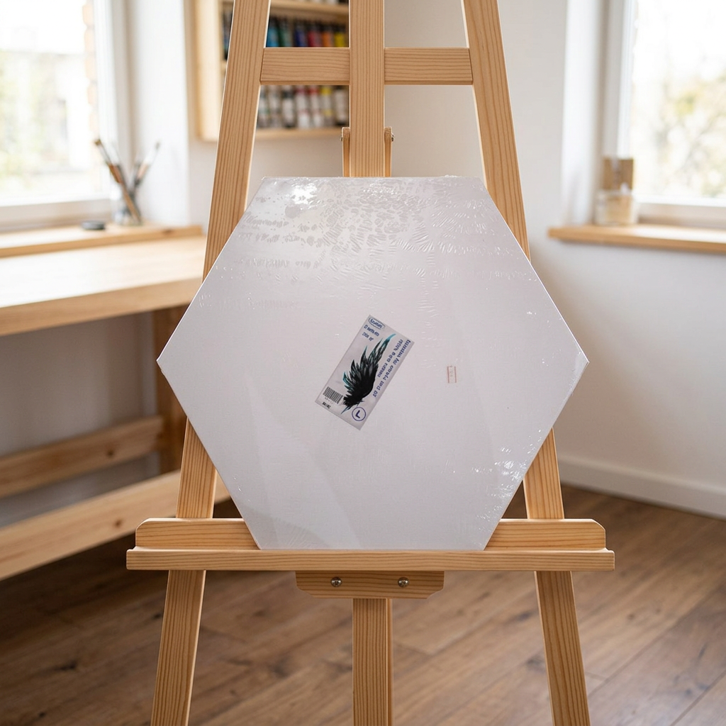 Hexagonal canvas board on an easel with a partly painted design in an art studio