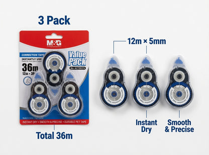 M&G Chenguang Correction Tape Value Pack – 3 Pack, 12m x 5mm Each, Instant Dry White Correction Tape for School, Office & Home - 1 pack - No: ACT55374