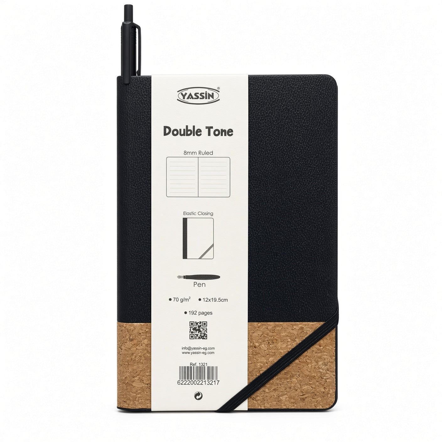 Yassin Double Tone Notebook A5, 192 Pages, 70 GSM, 8mm Ruled, Elastic Closure, Premium Cover, Pen Included - 1pcs - No: 1321