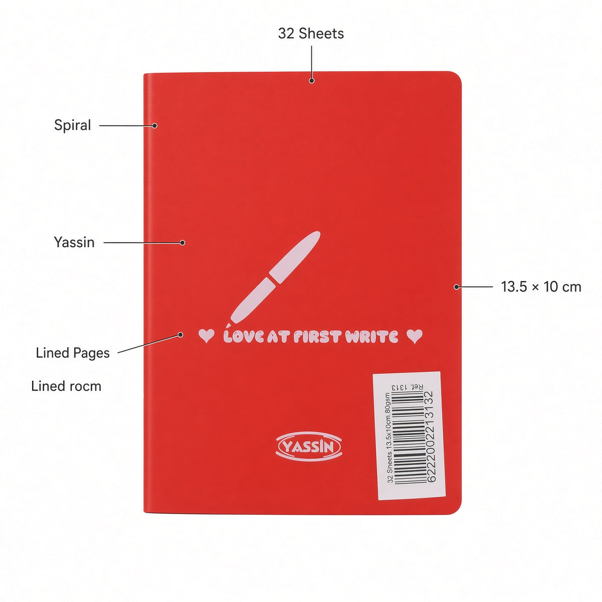 Yassin Mini Thread-bound Notebook 32 Sheets, 13.5 × 10 cm – Lined Notebook, Red - No: 1313