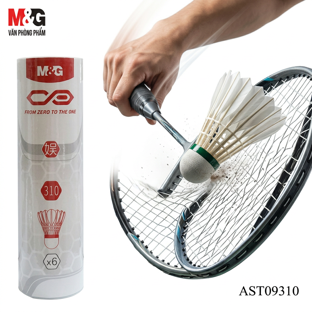 Hand hitting an M&G badminton flying ball outdoors in a park