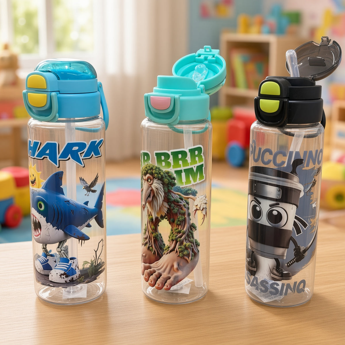 Kids Cartoon Water Bottle with Straw & Flip-Top Lid – 900ml - 1pcs - Assorted Color