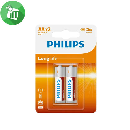 Philips Long Life Zinc Battery Set, 1.5 Volt, Type AA - 2 Pcs - No:R6L2B