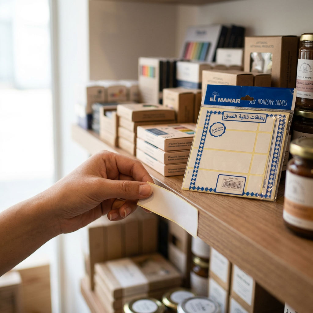 Applying El Manar white 110x38mm label to a retail shelf edge