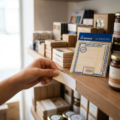 Applying El Manar white 110x38mm label to a retail shelf edge