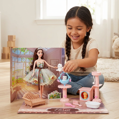 Girl playing with the Elissa fashion doll home deluxe playset