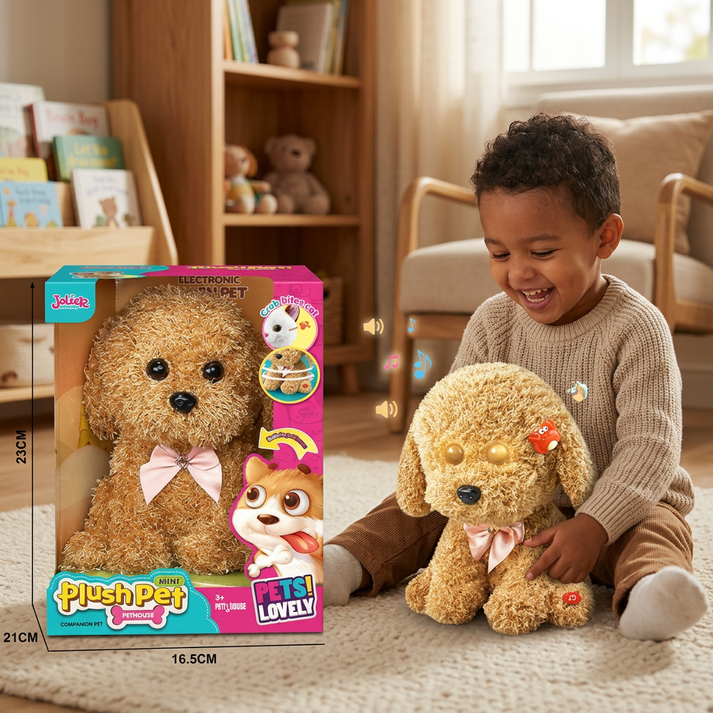 Child playing with the Jolier interactive electronic poodle plush pet