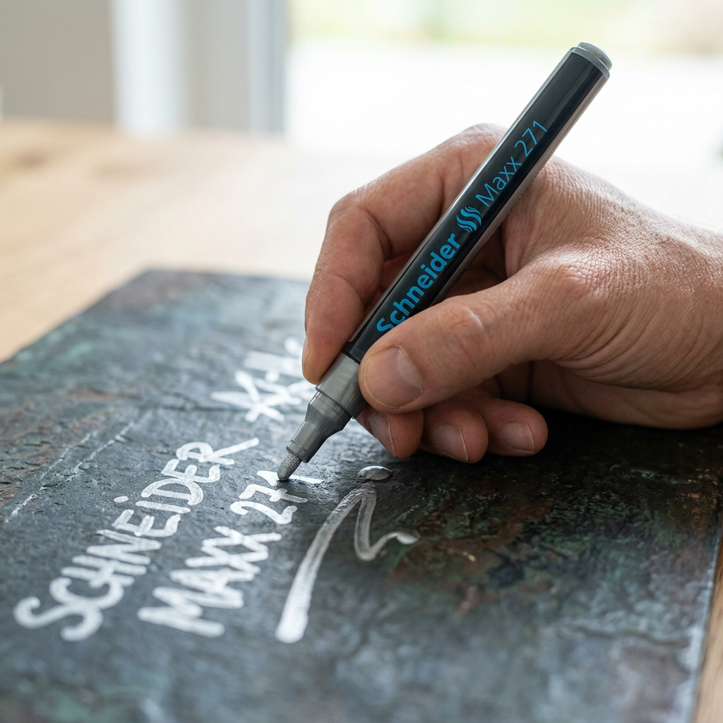 Hand writing on a dark surface with the Schneider Maxx 271 silver paint marker